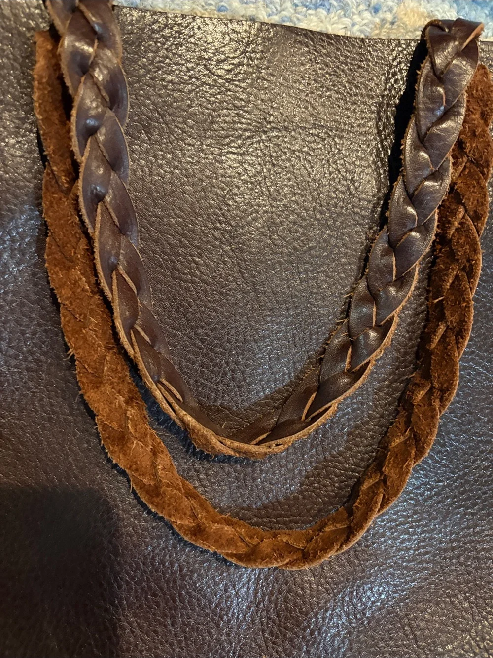 Braided Handle Brown Leather Tote with Woven Front Panel